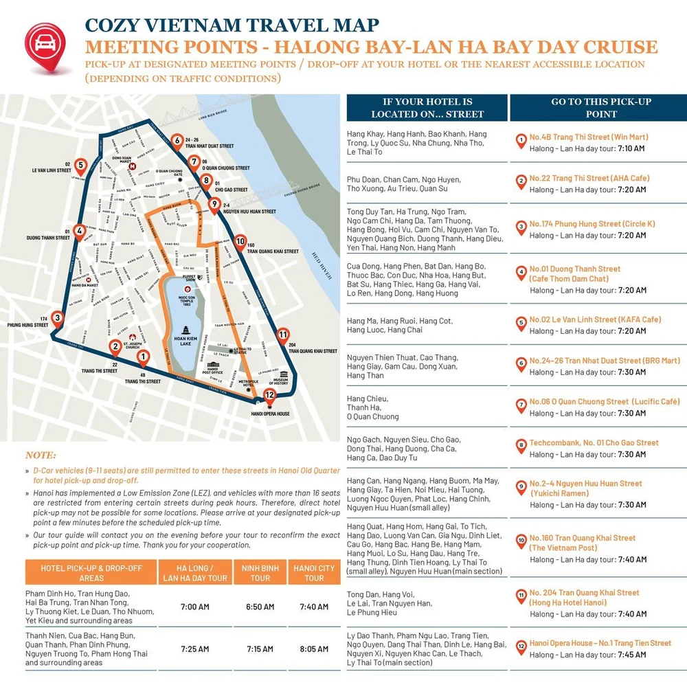 Cozy Vietnam Travel 12 meeting points map, Hoan Kiem and Old Quarter, Hanoi